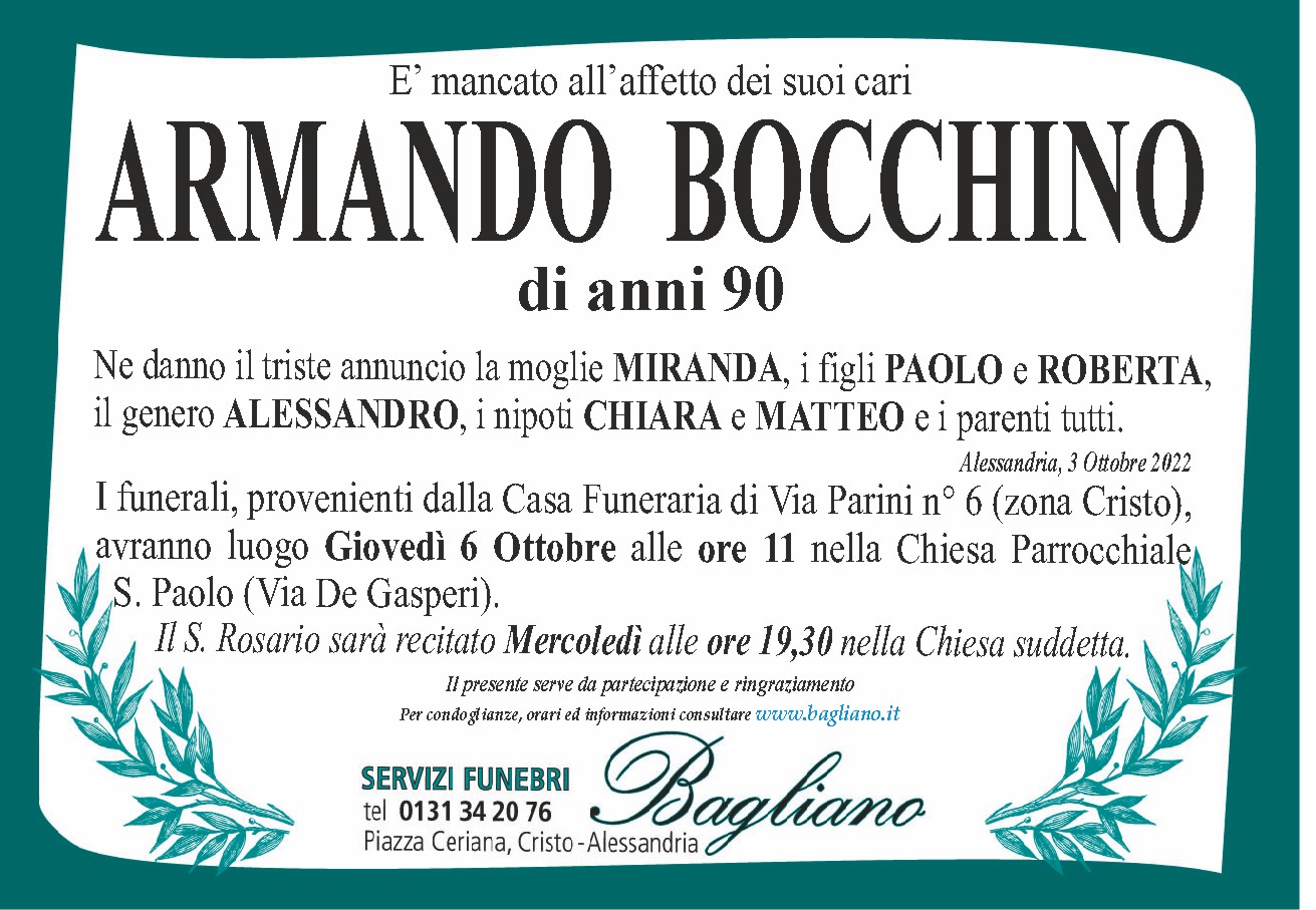 Condoglianzeonline.it il portale dedicato ai necrologi - BOCCHINO ARMANDO -  BAGLIANO SERVIZI FUNEBRI